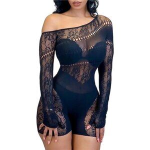 Women's Sexy See Through Long Sleeve Rhinestone Accent One Shoulder Cutout Mesh